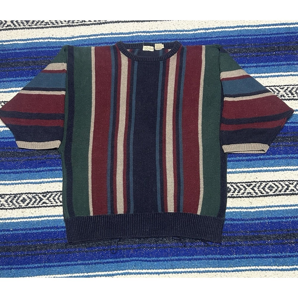 Vintage Albee Striped Knit Sweater Mens M Short Sleeve 80% Silk 20% Cotton 90s